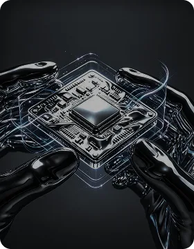 Robotic hands holding a motion-processing chip