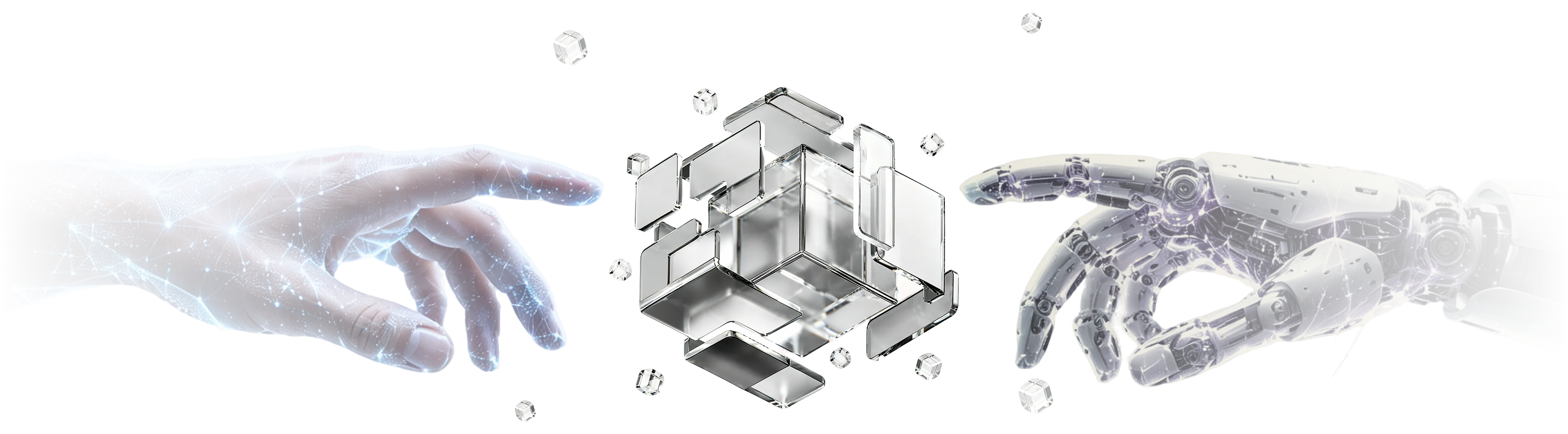 A human hand and robotic arm reach toward a three-dimensional embodied-data cube
