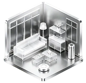 A chrome data cube depicting home services